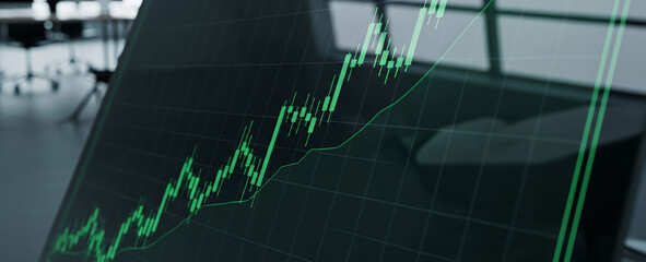 Green line graph displayed on a screen in an office environment.