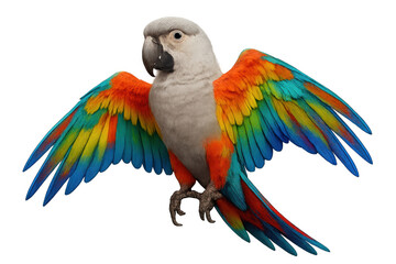 Obraz premium Vibrant hybrid macaw displaying spread multicolored plumage against transparent backdrop
