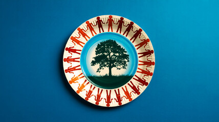 Circular paper plate art piece centered on vibrant turquoise blue background