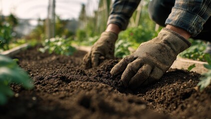 Gloved Hands Cultivating Rich, Dark Earth in a Sunlit Garden Bed