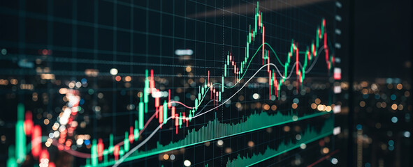 Stock market chart overlayed on a blurred city background.