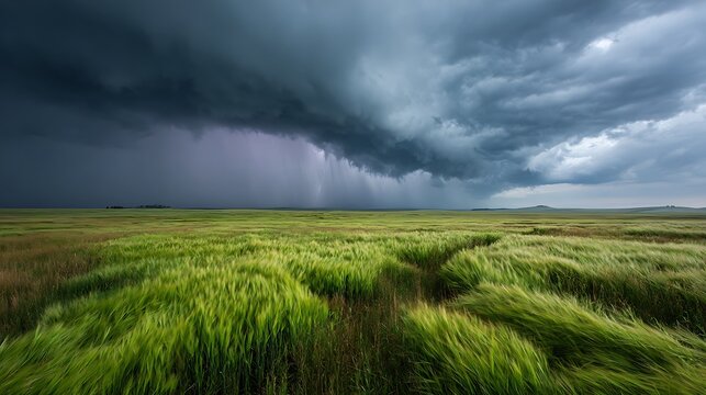 Stormy skies over a vast green field with tall grass blowing in the wind on a cloudy day landscape view