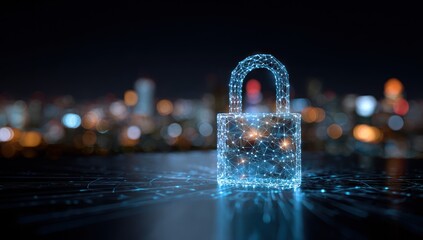 Glowing Digital Lock Symbolizing Cyber Security and Data Protection in a Futuristic Cityscape