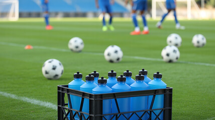 Soccer balls and blue water bottles on a grassy field during a training session
