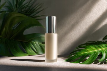 Cosmetic bottle with silver cap surrounded by green leaves against a neutral background.