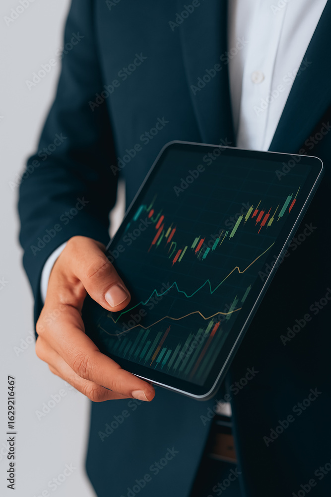 Aufkleber market analytics: a focused portrayal of a businessperson's hand, confidently displaying a tablet sc
