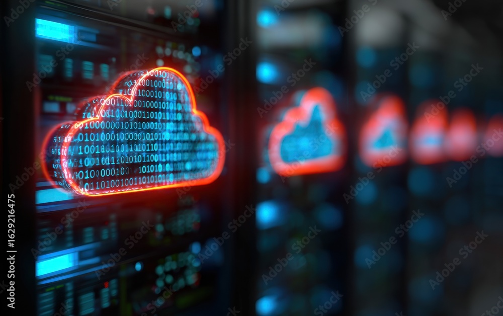 Poster glowing neon cloud symbol with binary code on server rack background