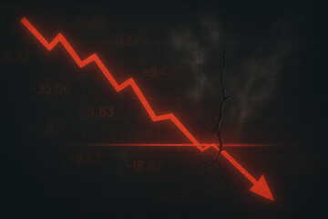 Naklejka premium Economic Decline: An illustration of a downward trending red arrow set against a dark, gritty textured backdrop, visually depicting market volatility, decline, and recession.