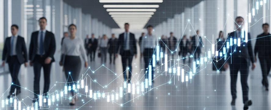 Business people walking in a bright hallway with a financial chart overlay.