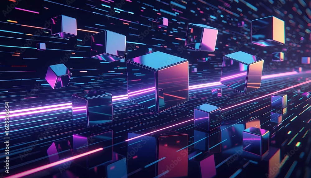 Poster dark tech 3d design with neon light and prism shape