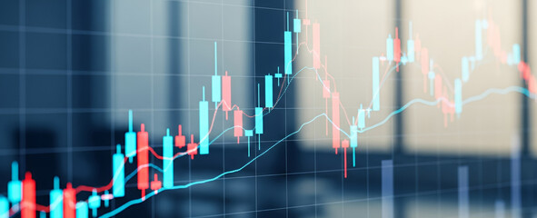 Stock market chart with upward trend on a blue grid background.