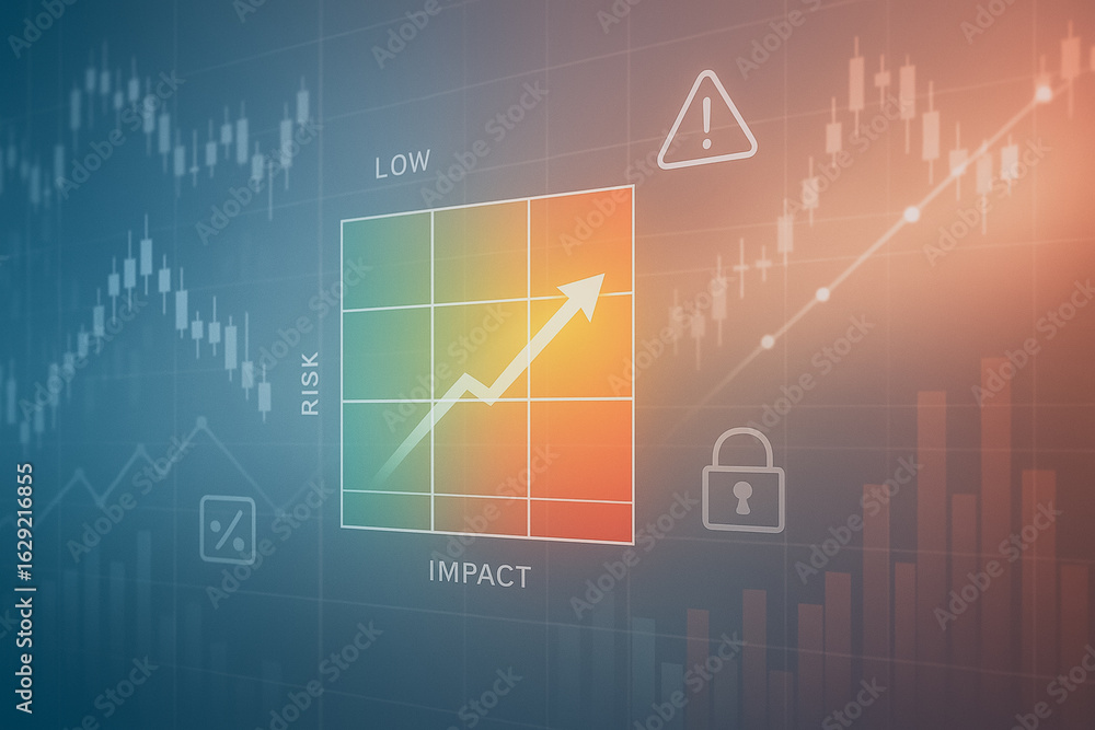 Poster risk and impact analysis: a dynamic visualization depicting financial risks and impacts, with ascend