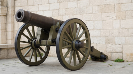 Historic bronze cannon with wooden wheels on a stone wall background