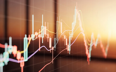 Financial chart with candlesticks and lines against a blurred background with light.