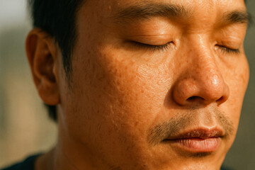 Obraz premium Zen Serenity: A close-up portrait captures a person in quiet contemplation with eyes softly closed, highlighting inner peace and mindfulness in this serene moment.