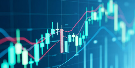Stock market data chart with upward trending lines on a blue background.