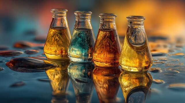 Four colorful liquid-filled flasks reflected on a wet surface
