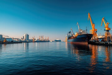 Obraz premium Golden Cranes and Cargo Ship in a Deep Blue Harbor at Sunrise