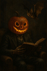 Pumpkin Head Man Reading with Bat - Dark Halloween Art