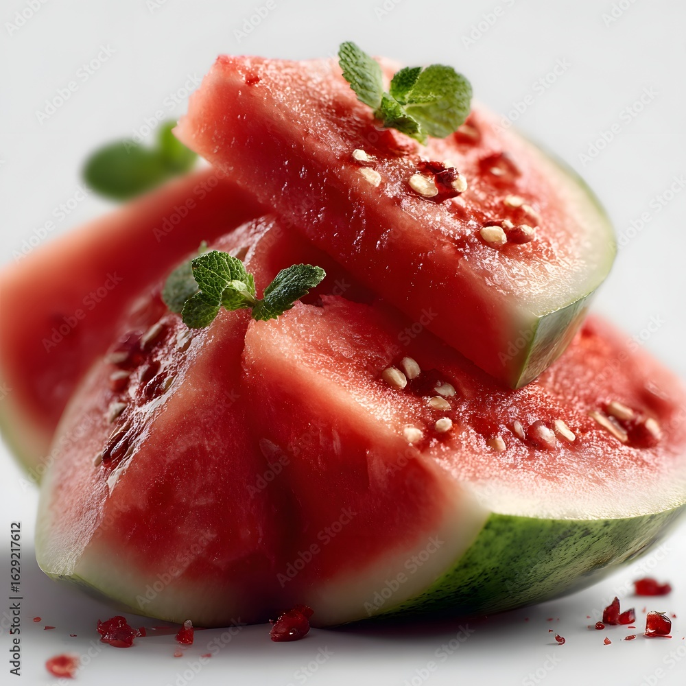 Poster closeup of ripe vibrant red watermelon slices with green rind and tiny seeds glistening with natural