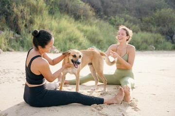 Two yoga instructors petting a dog on the beach