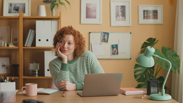 Young woman with red hair working on a laptop at a desk in a home office