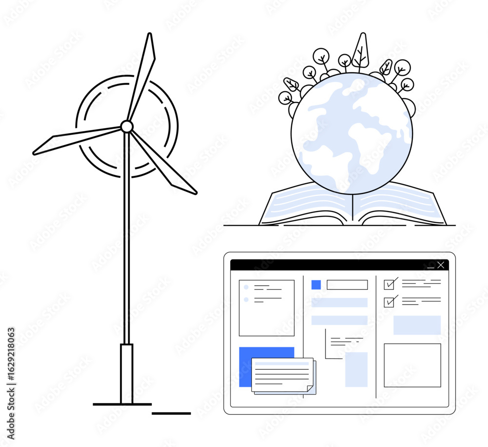 Aufkleber wind turbine, earth globe with leaves emerging from an open book, and an interface with digital tool