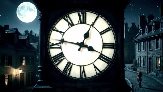 Detailed nocturnal architectural clock face at nighttime
