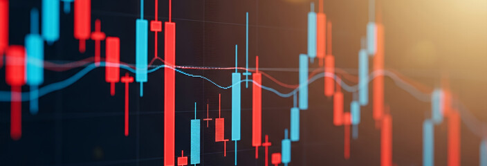 Candlestick chart showing financial market data in red and blue colors.