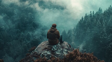 Lone hiker sitting on a cliff overlooking a misty forest.