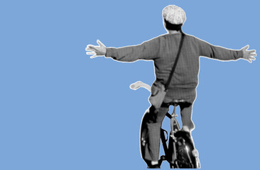 Rear view of man with arms outstretched riding bicycle pixelate grayscale color halftone dotted texture style collage element isolated on blue background