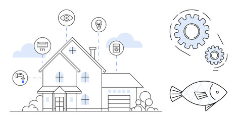 Contemporary house surrounded by IoT devices for vision, lighting, air, water, and security. Gears and fish symbolizing automation, sustainability, and eco-friendly living. Ideal for technology