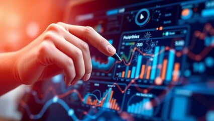 Hand interacting with a futuristic digital financial data display with charts and graphs