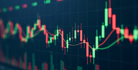 Stock market chart with green and red candles on a dark background.