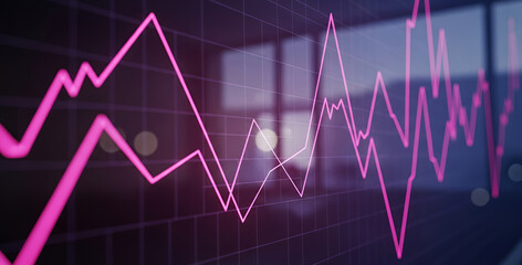 Pink line graph against a dark background with window reflection.
