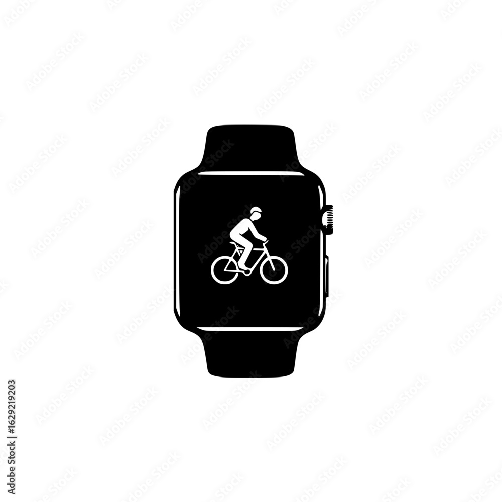 Poster smartwatch screen showing cycling figure symbol representing health and exercise data