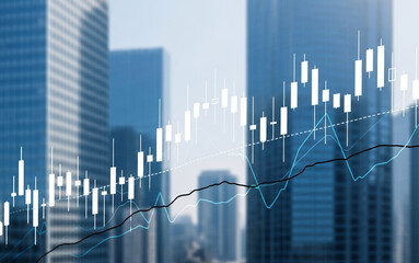 Stock market chart overlaying buildings suggesting finance economy and investment.