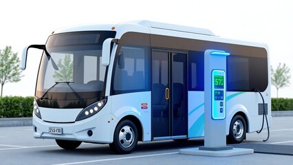 Modern electric bus charging at a charging station outdoors