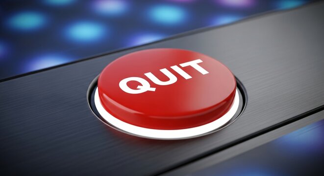 Red quit button on dark background with blue glowing lights technology interface