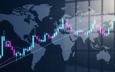 World map background with a financial stock market chart overlayed in blue and pink.
