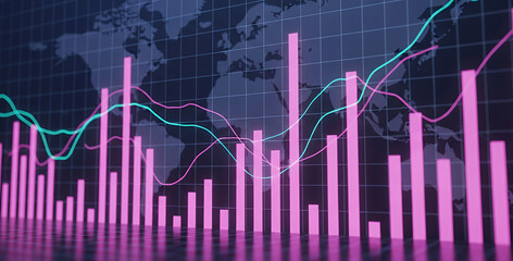 Financial chart with rising bars and line over a world map background.
