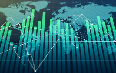 Green bar graph and white line graph overlaying a world map background.
