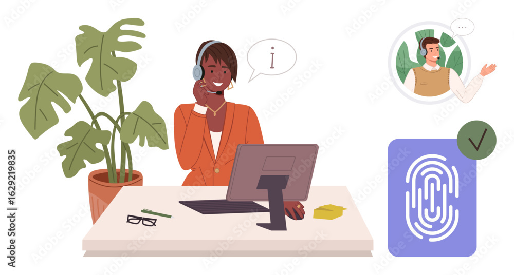 Poster smiling customer support agent wearing a headset at a desk assisting a client remotely, with digital