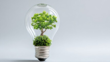 A light bulb is filled with a small green tree and moss, symbolizing the fusion of nature and technology. This creative representation highlights the importance of sustainable energy practices.