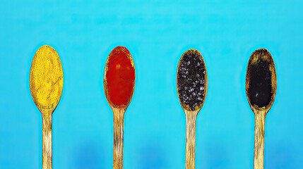 Four spices in wooden spoons on blue background