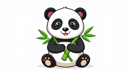 Obraz premium An adorable cartoon panda bear cub sitting happily while holding green bamboo stalks.