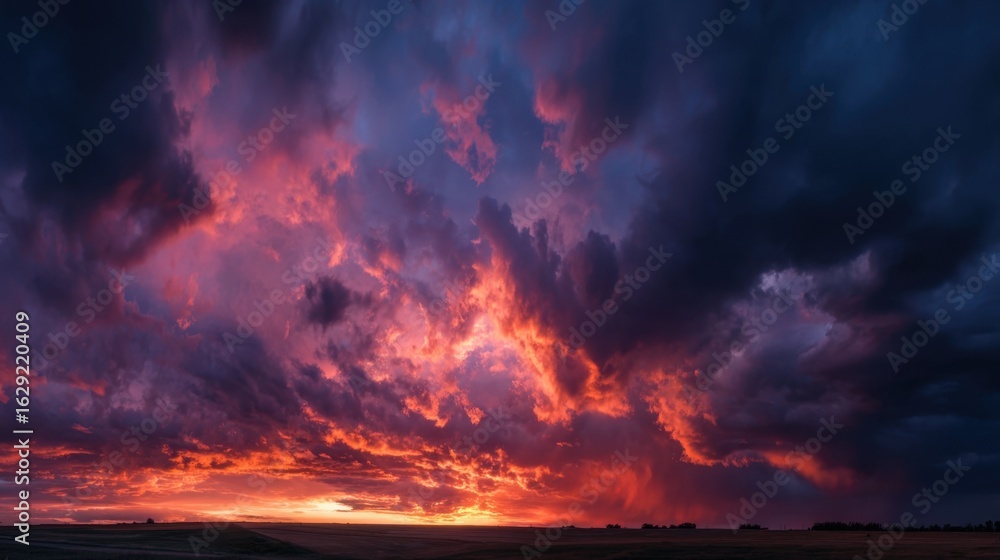 Poster a breathtaking sunset showcases an array of colors, with deep reds and purples illuminating the sky.