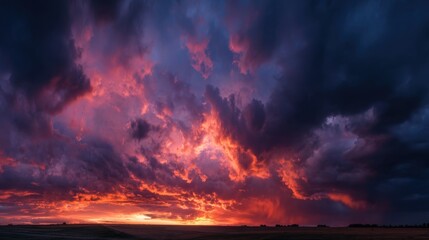 Fototapeta premium A breathtaking sunset showcases an array of colors, with deep reds and purples illuminating the sky. Dark clouds add depth to the beautiful rural landscape below during evening hours.