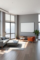 Fototapeta premium Modern living room with large windows and comfortable seating