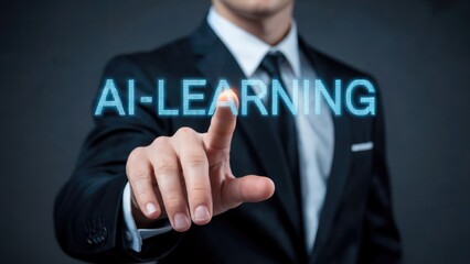Businessman interacts with glowing AI learning interface, embracing future technology and innovation